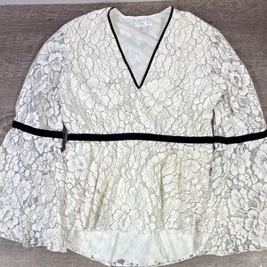 🤍 VENUS Ivory Lace Blouse with Black Trim | Size 10